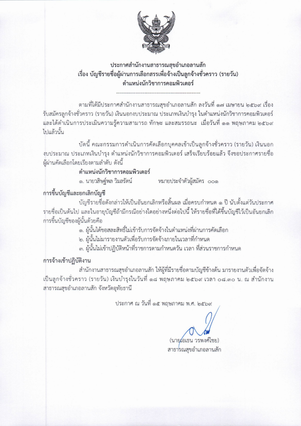 ประกาศผู้ผ่านการคัดเลือกลูกจ้าง conv 0